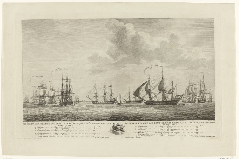 Rammekens沖のオランダ軍艦隊、1782～1783年 1782 年と 1783 年の Rammekens の路上で、少将 van Kruyne の指揮下にある国の軍艦の Gesicht (オブジェクトのタイトル) 作： マティアス・デ・サリス