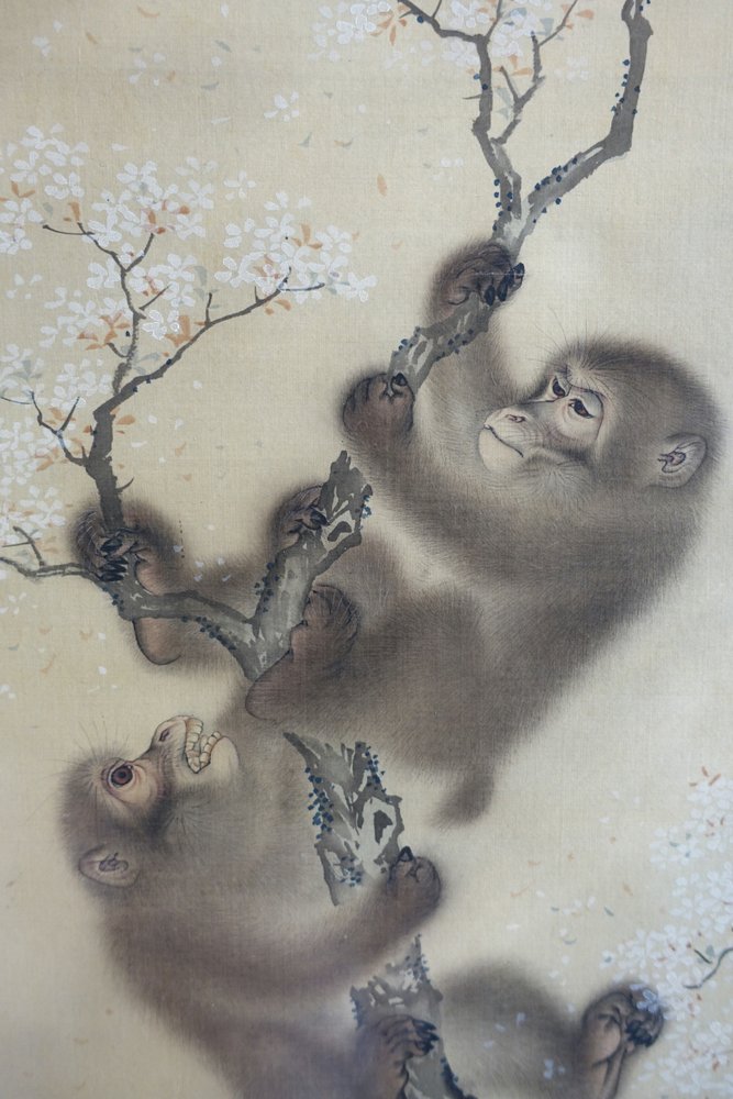 絵画、雪の4匹の温泉猿、F6号アクリル画、佐原聖春 絵画、雪の4匹の
