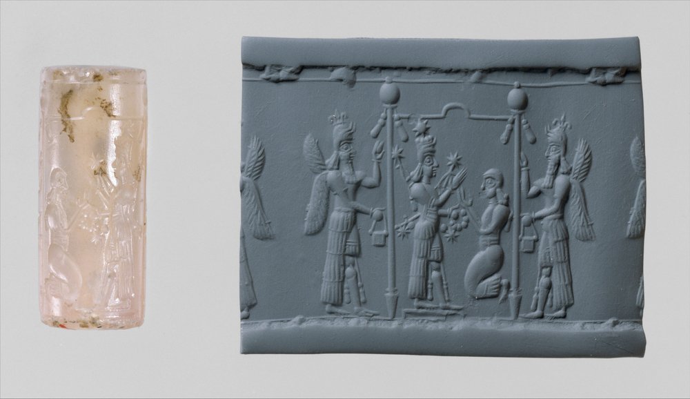 イシュタルの円筒印章と現代人の印象、紀元前8～7世紀頃（カルセドニー