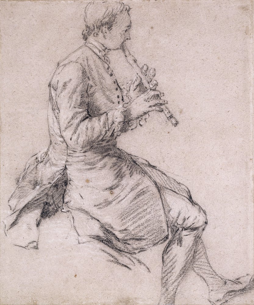 右の横顔でフルートを演奏する着席男、c.1720s