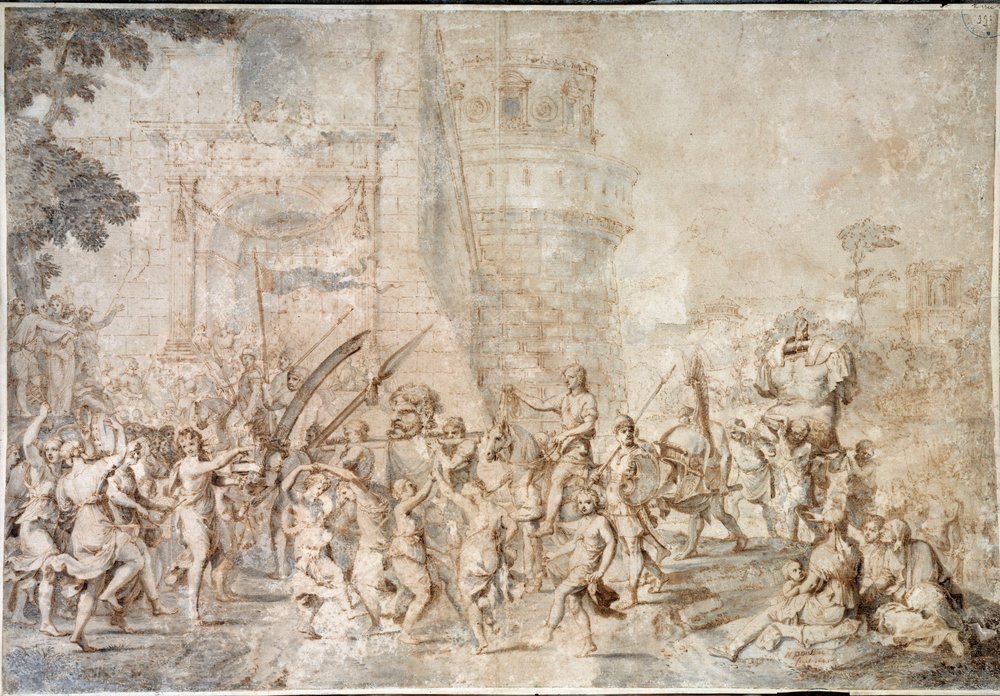 ニコラ・プッサンによるゴリアテ・ドローイングの首を復活させたダビデの勝利