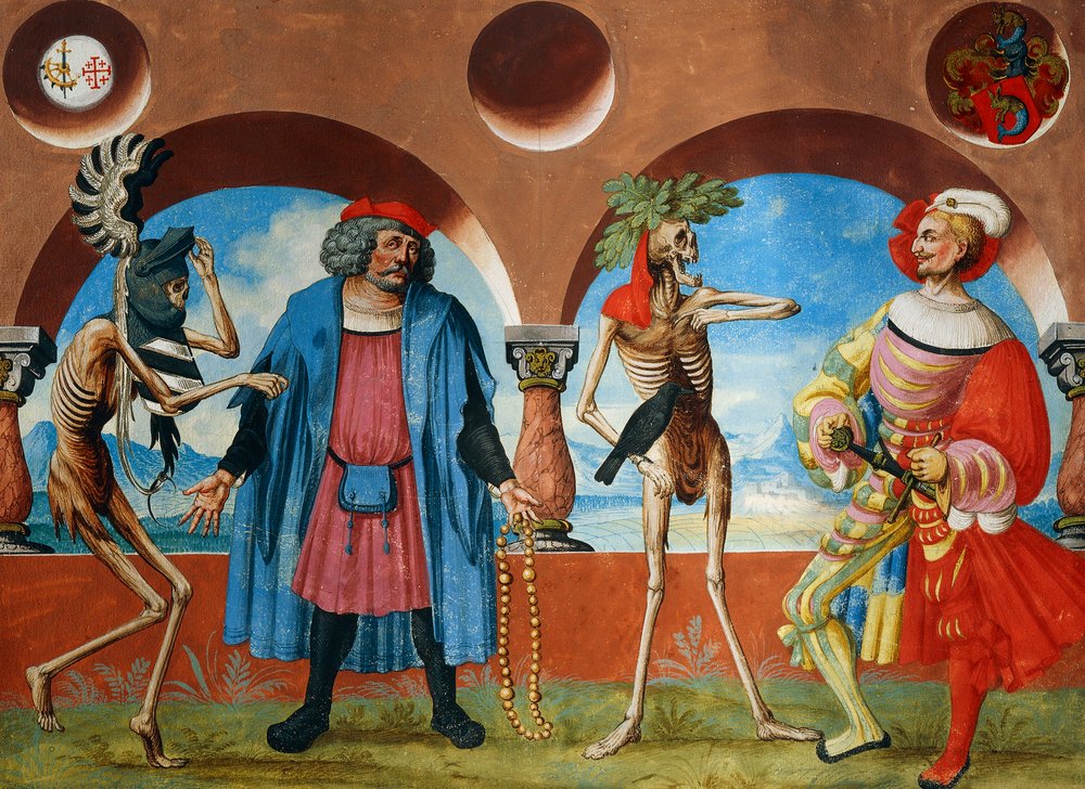 幕の彫刻 死にたち向った精神の様態 エルウィン•パノフスキー 砂時計を掲げる死（『死の舞踏』より）。