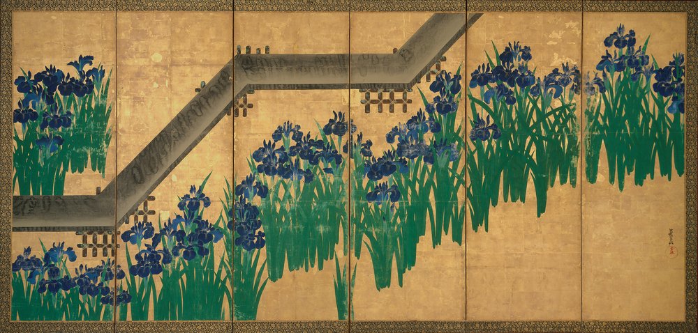 八橋のあやめ、1709年頃（紙に金箔に墨と色）