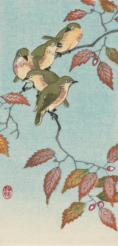 日本の芸術家、小原古邨による小枝の五羽の小鳥