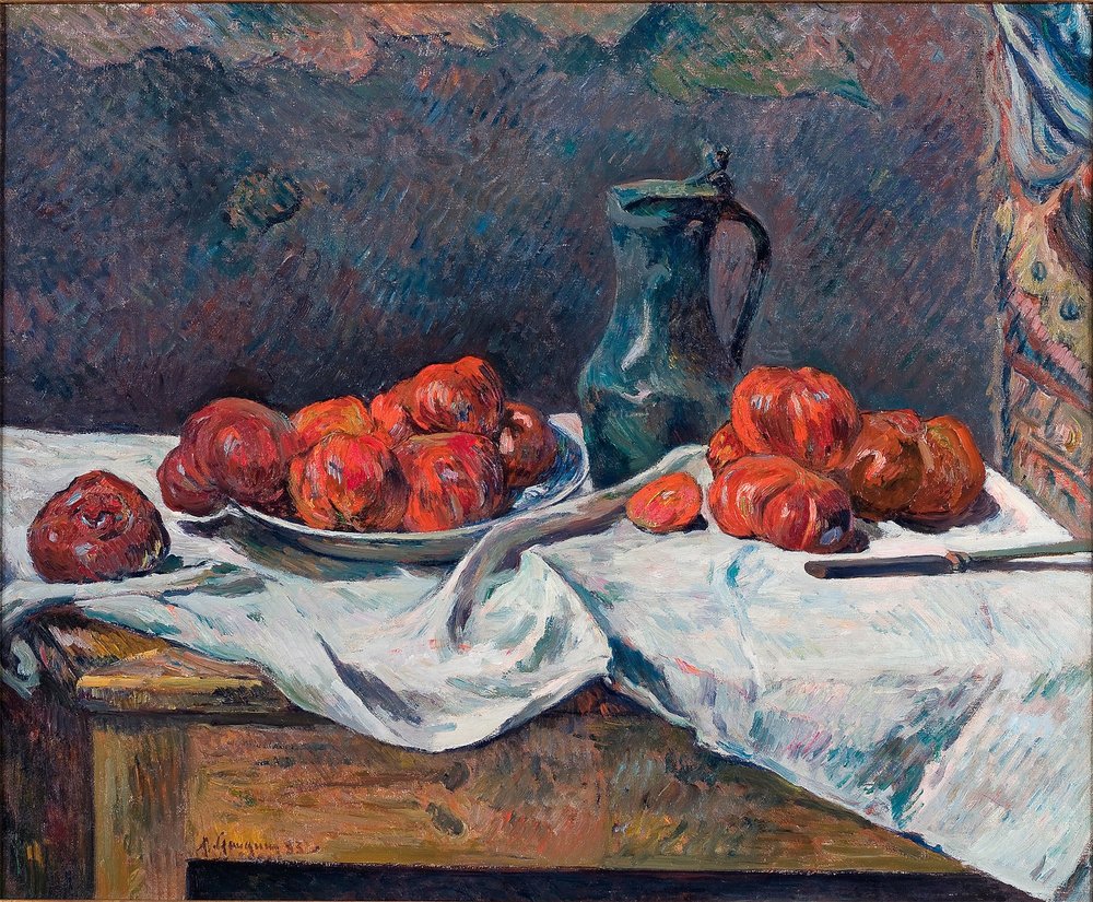 フランス語：Tomates et pot d'étain sur une table, ou Nature morte