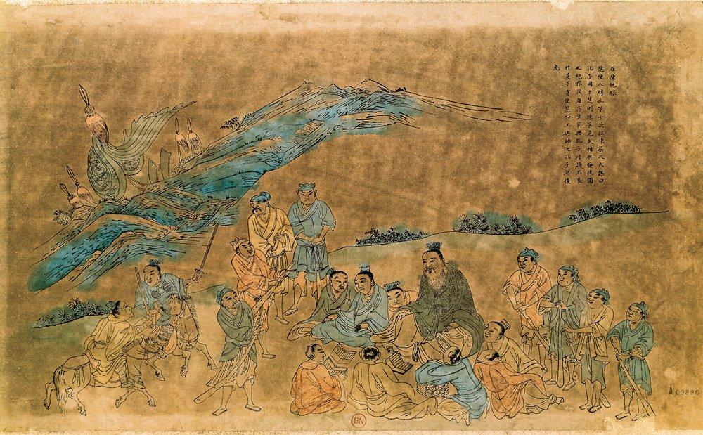 弟子を囲む孔子（孔甫子）（紀元前551～479年）（水彩画