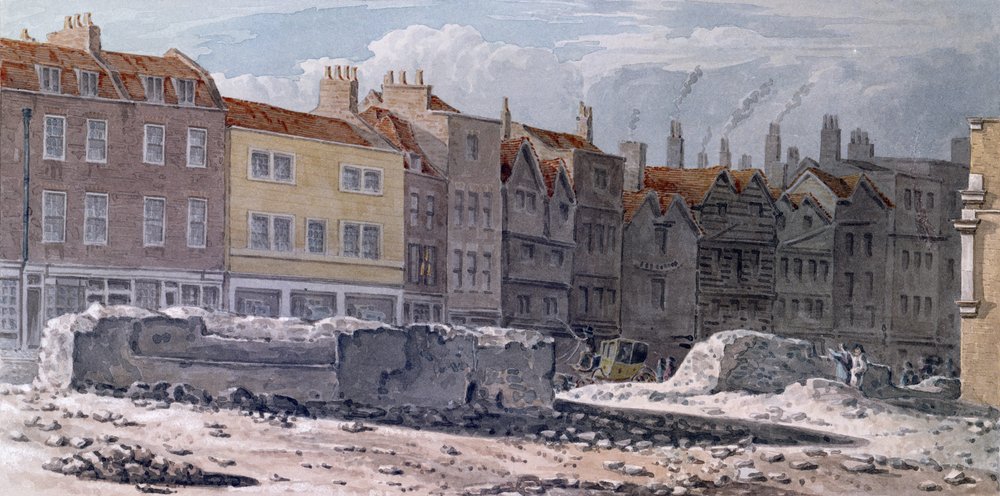 1817年の古いロンドンの壁の遺跡の眺め 作： ロバート・ブレメル・シュネブリー