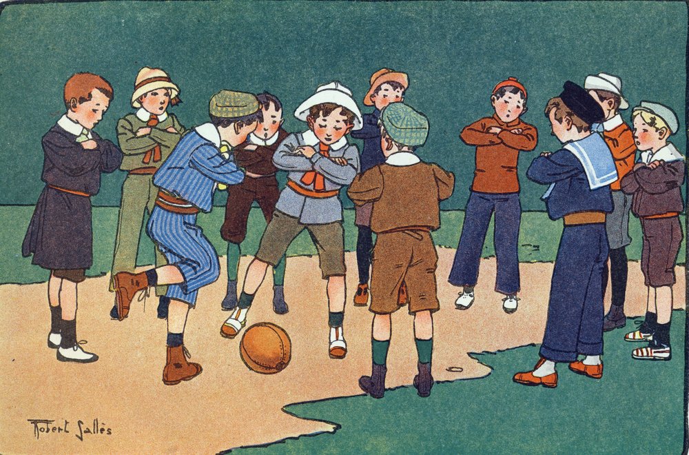 ジャーマンボール（腕を組んで行うゲーム）。E.ウェーバーの "What are we playing? "に掲載されているエングレーヴィング。「ロベール・サレス（1871-1929）の水彩画によるE.ウェーバーの作品。パリ、ガルニエ・フレール社 作： ロバート・サレス