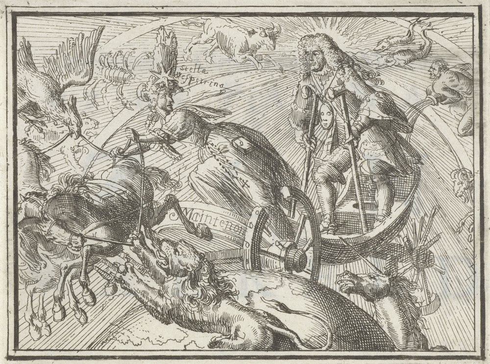 1701年の戦車でルイ14世をアポロとして描いた風刺画, 画像サイズ:1000x742