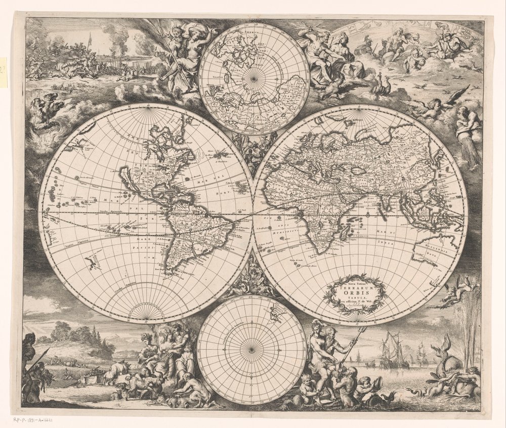 四元素の寓意を伴う世界地図。Nova totius terrarum orbis tabula