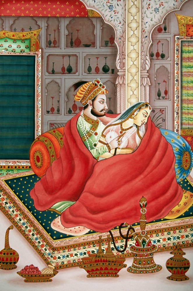 ムガル帝国の皇帝とその妻の恋の情景を描いた絵画、インド