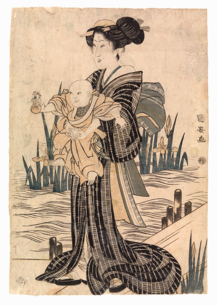 子供を抱く日本人女性（カラー版画）