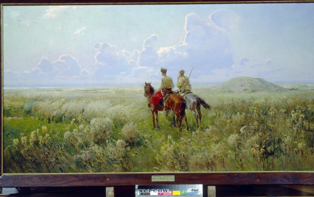 草原のコサック (草原のコサック) - セルゲイ・イワノビッチ・ヴァシルコフスキー (1854-1917) 作、キャンバスに油彩、1900年頃 - 地方美術館、ヘルソン (ウクライナ) 作： セルヒーイ・イワノビッチ・ヴァシルコフスキー