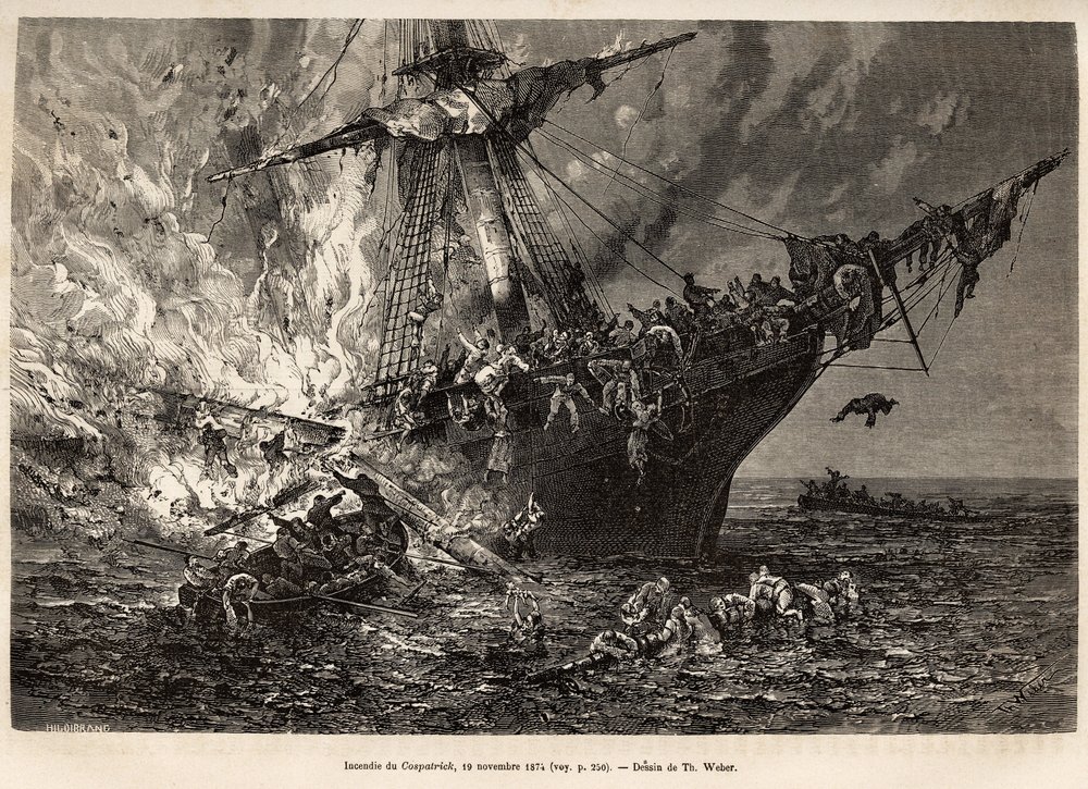 1874年11月19日、ニュージーランドに向かう400人以上の移民を乗せた英国船コスパトリック号の火災の様子を、T.ウェーバーの図面に基づいて彫刻したもので、1870年から1874年にかけて、Zurcher氏とMargolle氏が行った嵐と航海の研究を図解したもの。