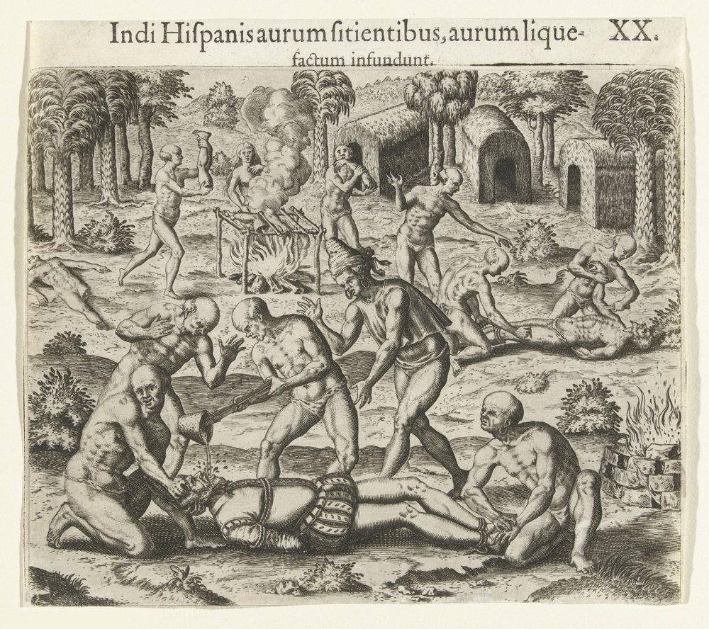 手描きの素晴らしいインドのプリミティブ絵画です　大変古いものです 1594年、インディアンはスペイン人の口に液体金を注ぎました。