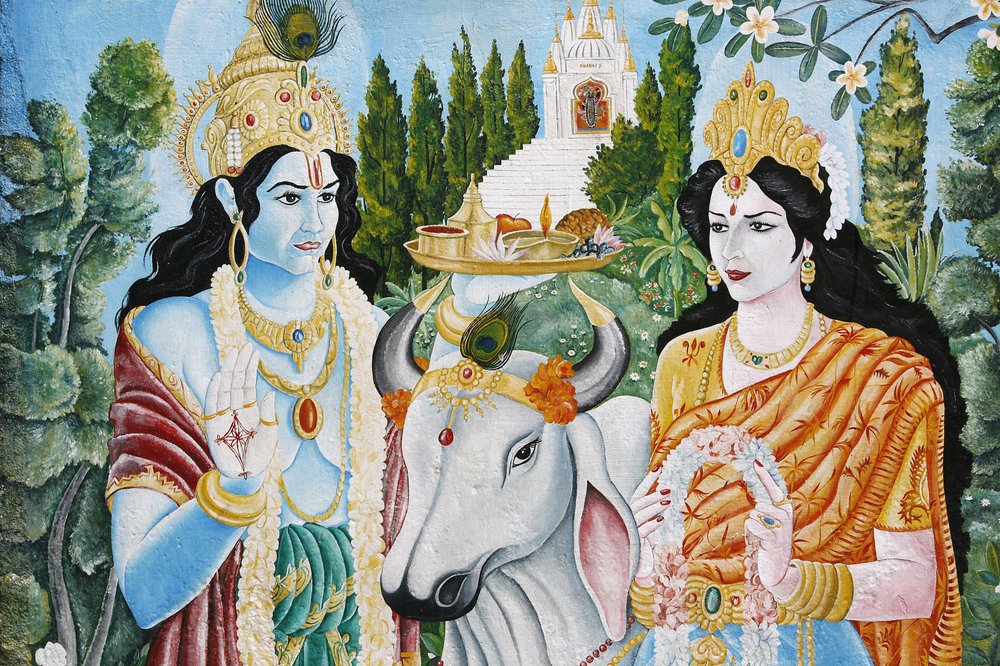 ラーマ、シータ、そして聖なる牛。ラーマはヴィシュヌの7番目の転生者