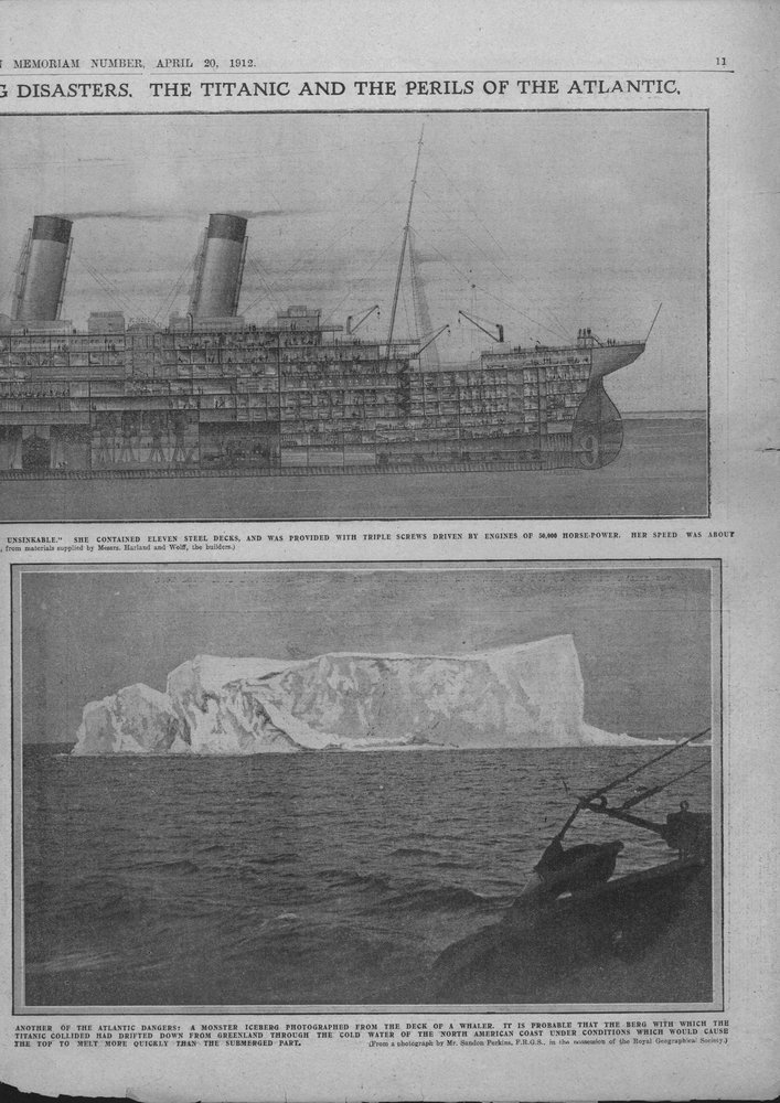 タイタニック号と氷山の断面図、1912年4月20日。 作： 不明
