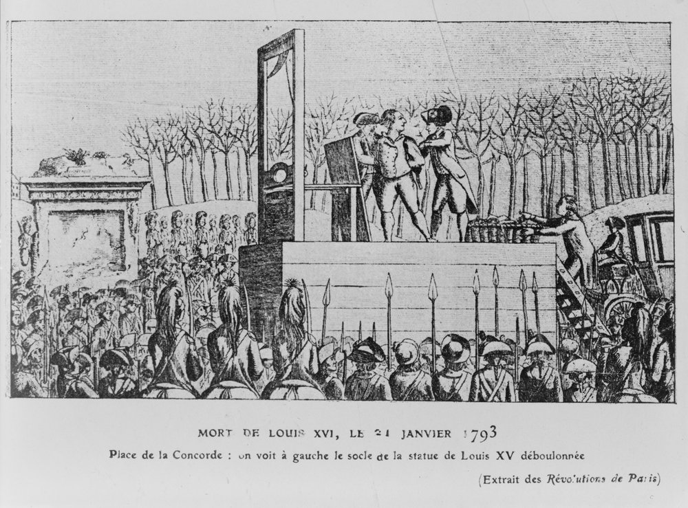 「処刑台の広場」 17世紀ヨーロッパ版画 1793年1月21日の革命広場におけるルイ16世の処刑c。 1793