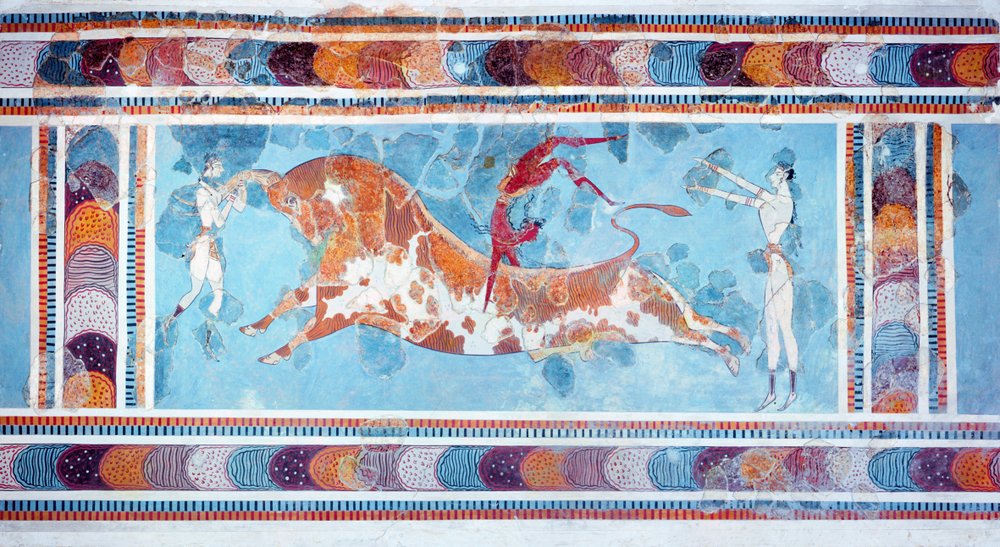 闘牛士のフレスコ画、クノッソス宮殿、クレタ島、紀元前1500年頃