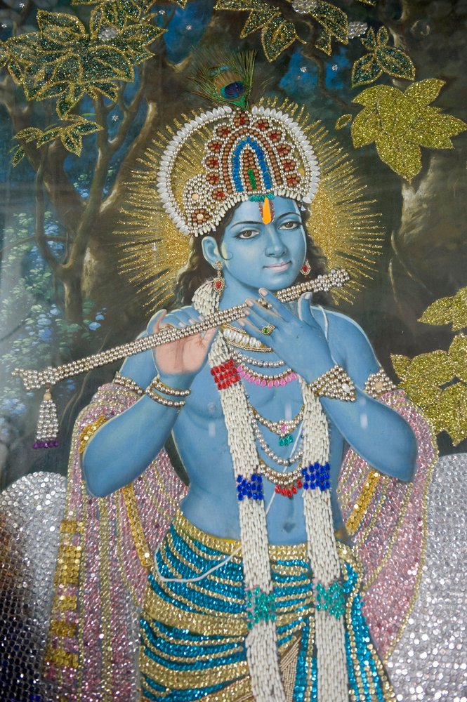 希少、ヒンドゥー教、クリシュナ、プリントキャンバス絵画、インド、神様、ヴィシュヌ ヒンドゥー教、笛を持つクリシュナ神の絵、ドゥルジアナ・マンディル