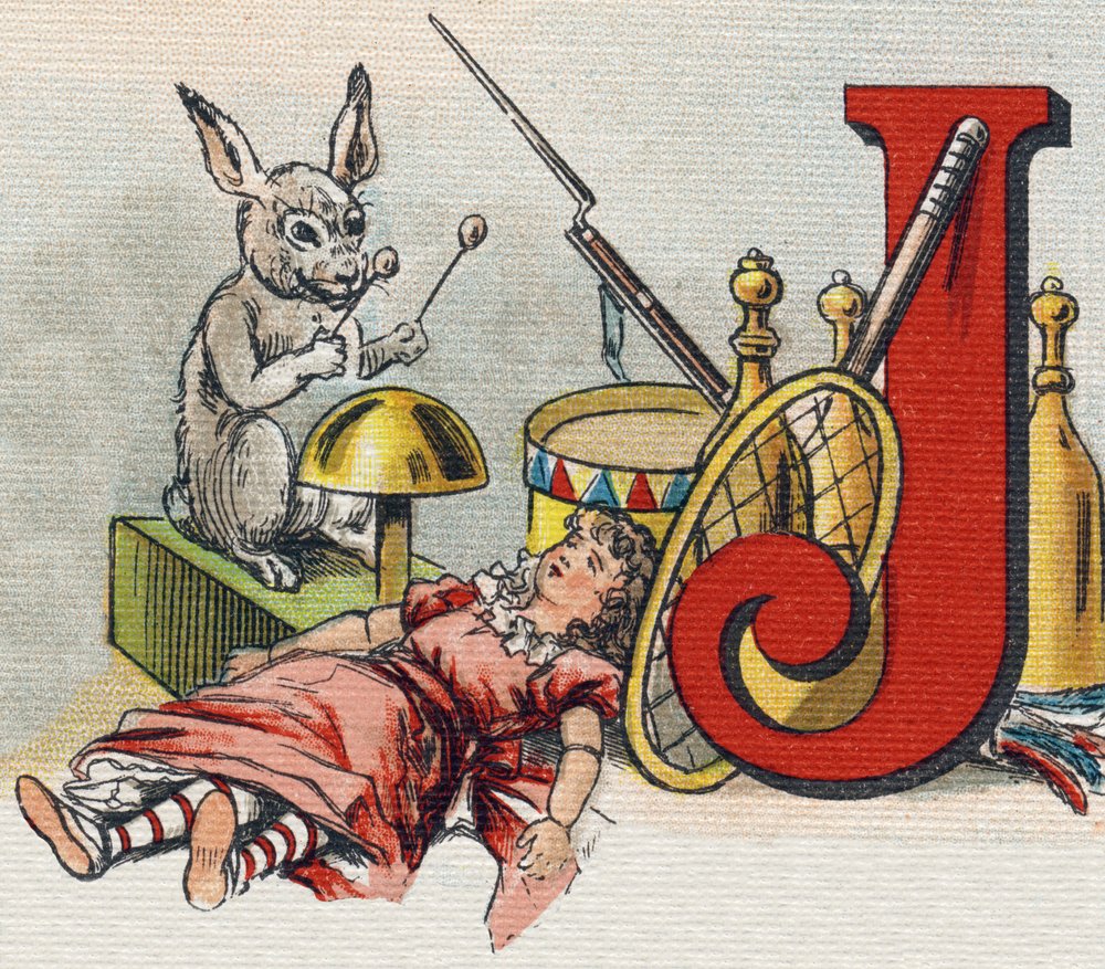 Letter J: toys.Alphabet de ma petite fille "に掲載された版画。Bernardin-Bechet and Fils, bookseller-publishers, Paris, around 1895.壊れないアルバムをキャンバスにBibliotheque des Bebes（ビブリオテック・デ・ベベ）。12ページ。読書法とイラスト入りのアベコベを収録したアルバム 作： 不明