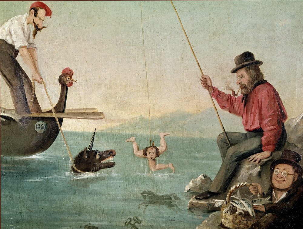 絵画　バディマ　釣人 トリナクリアを釣るジュゼッペ・ガリバルディトリナクリアで釣りをする