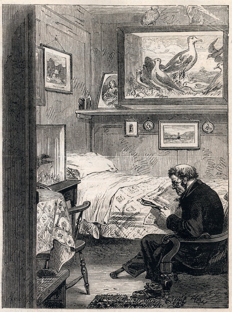 グリニッジ病院 Cabin Royal Charles Ward - 1865年、海軍の年金受給者が退職後の部屋にいる様子を描いた版画（グリニッジ病院） -。 作： 無名の画家