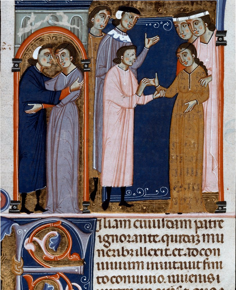 ローマ・カトリック教会の法律と規範を定めた1140年の "Decret de Gratien"（"Concordia discordantium canonum "または "Decretum Gratiani"）から引用された婚約式のミニチュア。14世紀のチェゼーナのマラテスティアーナ図書館 作： 無名の画家