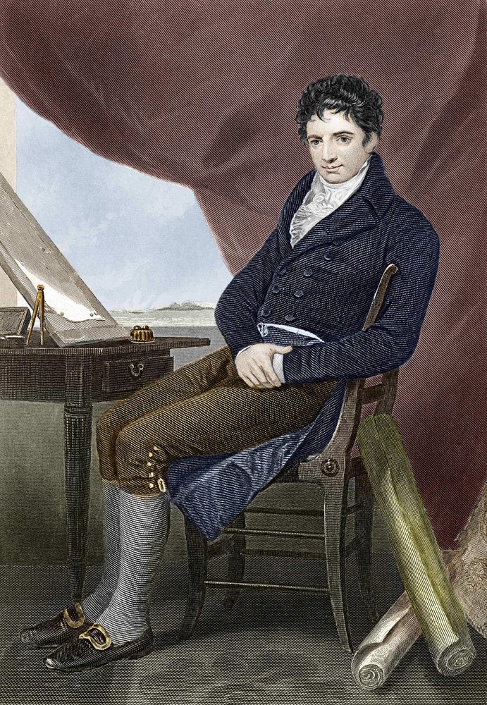 アメリカの造船技師ロバート・フルトン（1765〜1815）の肖像（「ノーチラス号」）。19世紀のエングレーヴィング。 作： 無名の画家