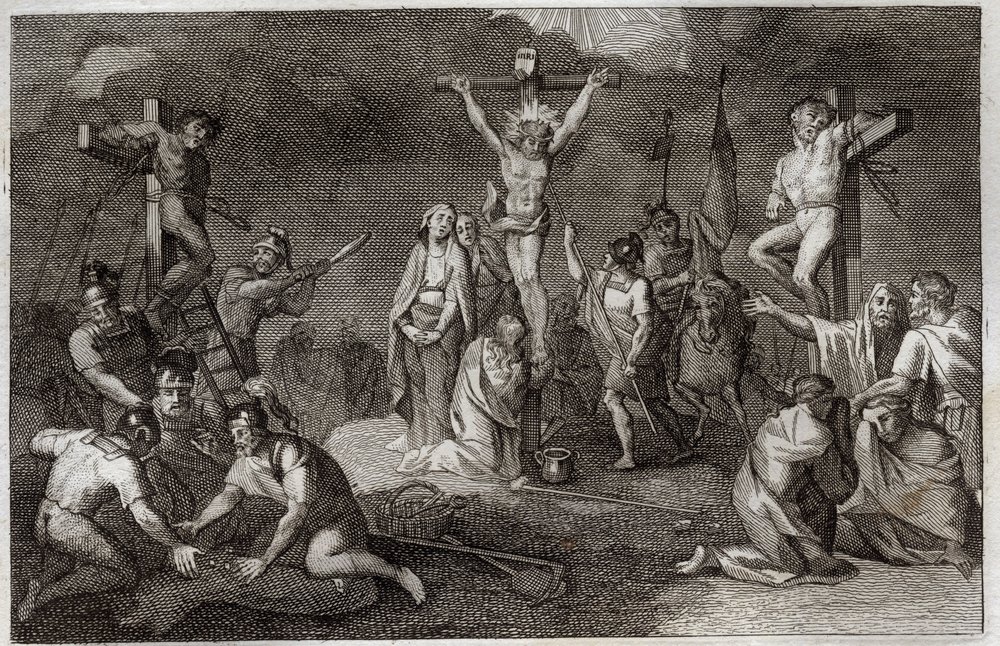 ローヤルモン聖書、新約聖書。イエス・キリストの十字架刑。十字架の下