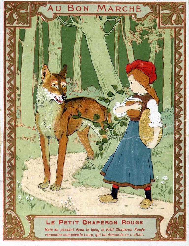 赤ずきんちゃんの狼との出会い - ボン・マルシェ広告ラベル