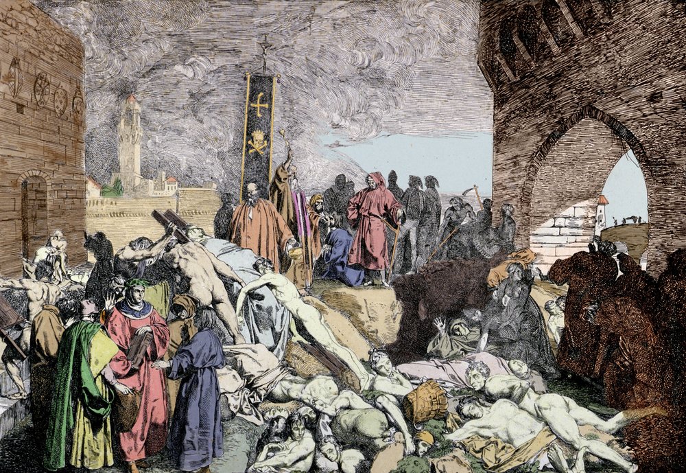 1348年、フィレンツェ（イタリア）で発生したペスト。左下にはローリエの花輪を持って、イタリアの詩人でルネッサンス期の人文主義者であるペトラルカが他の人々と話している。