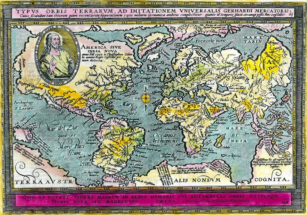 1596年のユニバーサル・ジオグラフィック・マップ（世界地図）。エン
