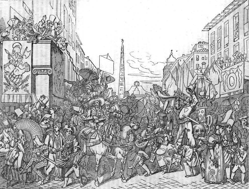 1836年のカーニバル（Carnevale）の際のローマのコルソ通り。 作： 無名の画家