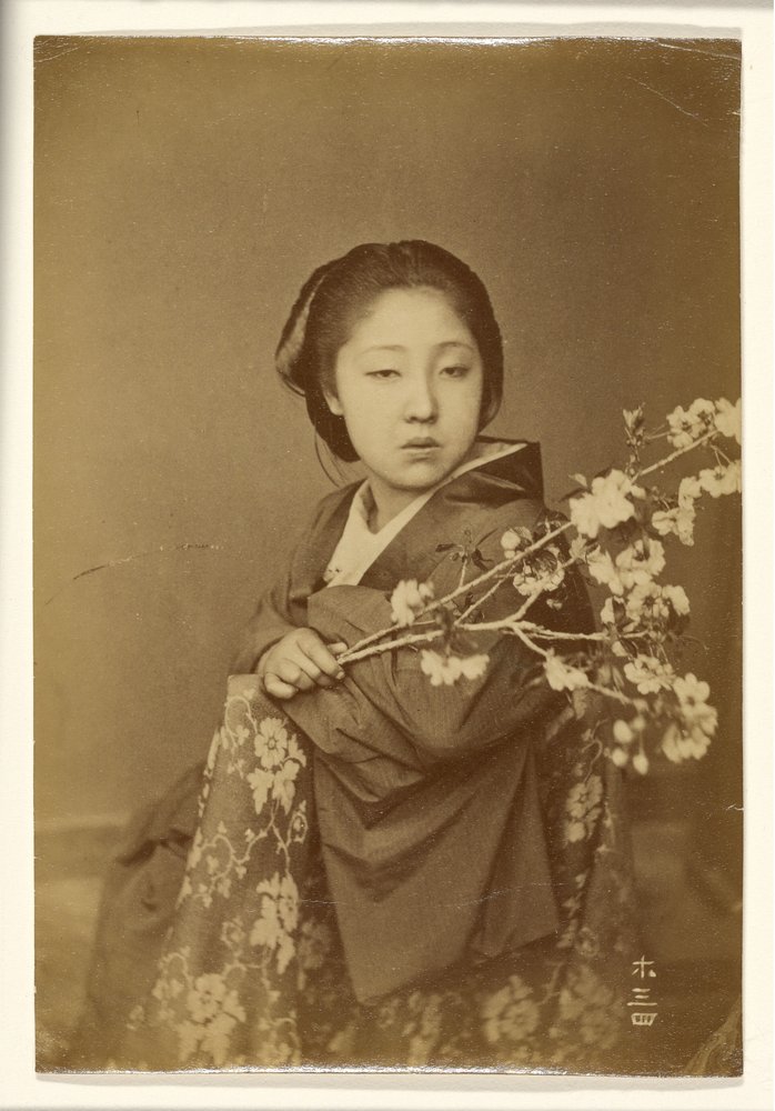 日本画 桜の枝を持つ女性 Unknown_artist_-