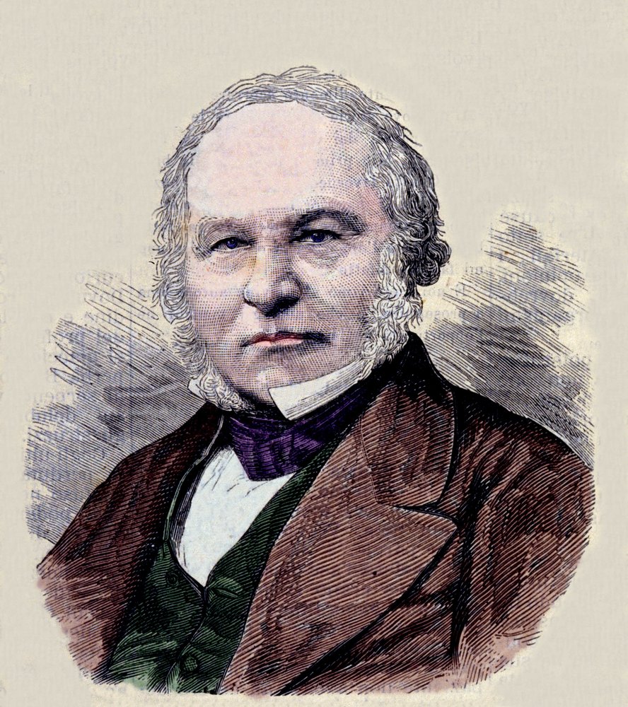 郵便切手を発明したサー・ローランド・ヒル（1795-1879）の肖像。