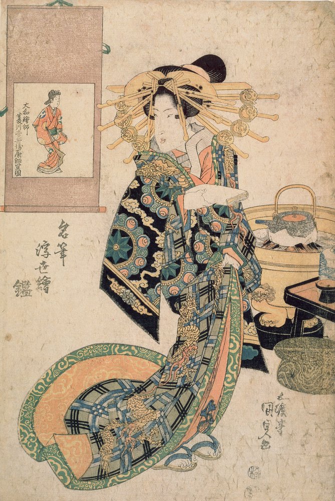 花魁は「浮世絵の鏡筆」1830年頃の諸信の絵画に例えられた（色木版画）