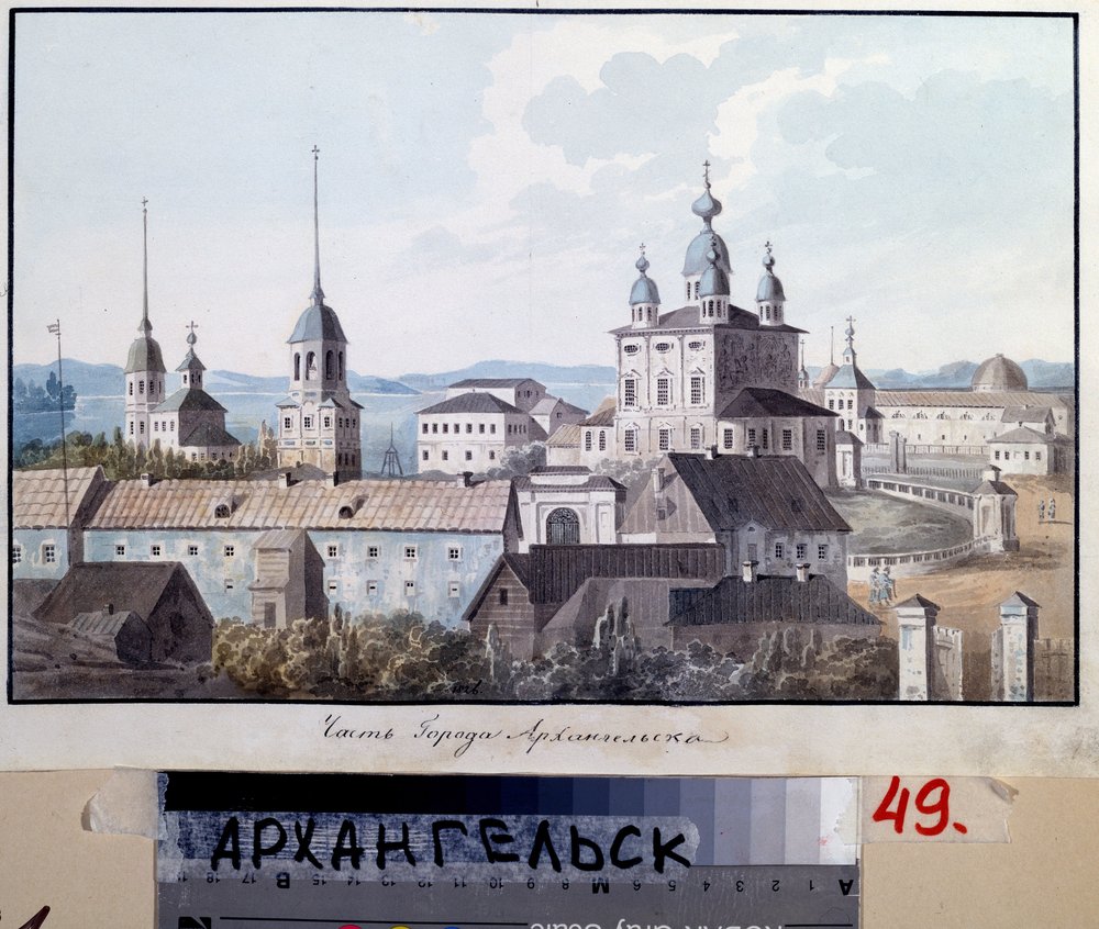 アルハンゲリスク (ロシア) の街の眺め (アルハンゲリスクの街の眺め)。 Valeri Yemelyanovich Galyamin (1794-1855) の作品、紙に水彩 作： ヴァレリー・イェメリャノビッチ・ガリャーミン