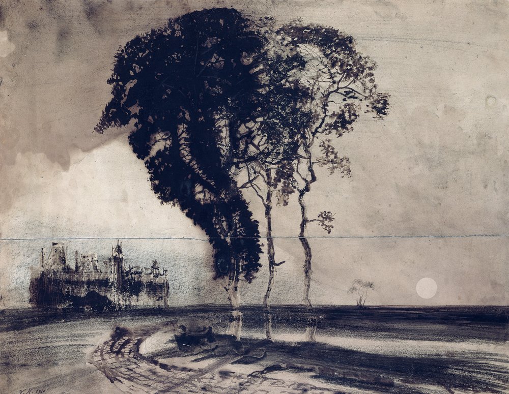 3本の木のある風景、1850年（木炭、ペンとインドのインク、紙の上で洗う）