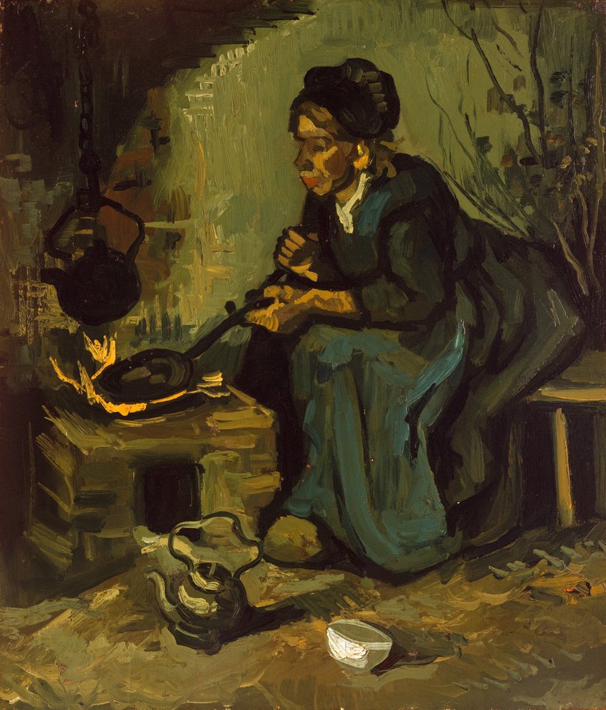 1885年、暖炉のそばで料理をする農民の女性。