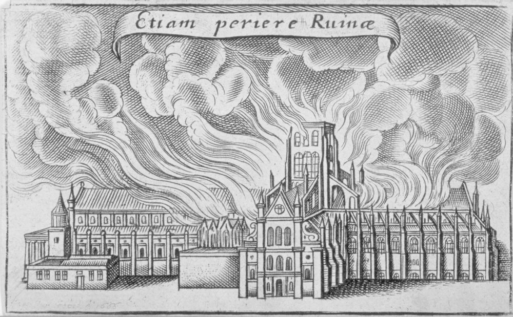 1666年のロンドン大火で燃えた旧セントポール大聖堂