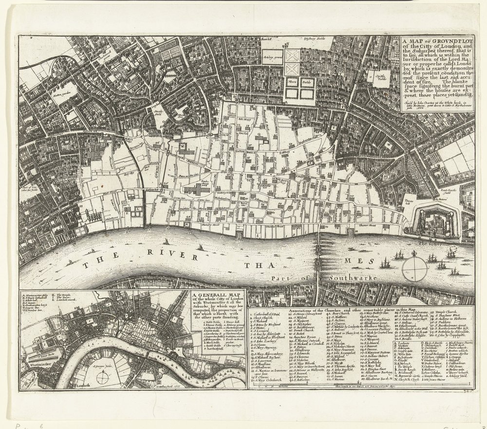 1666年の大火後のロンドンの地図 ロンドン市と郊外の地図または地上絵