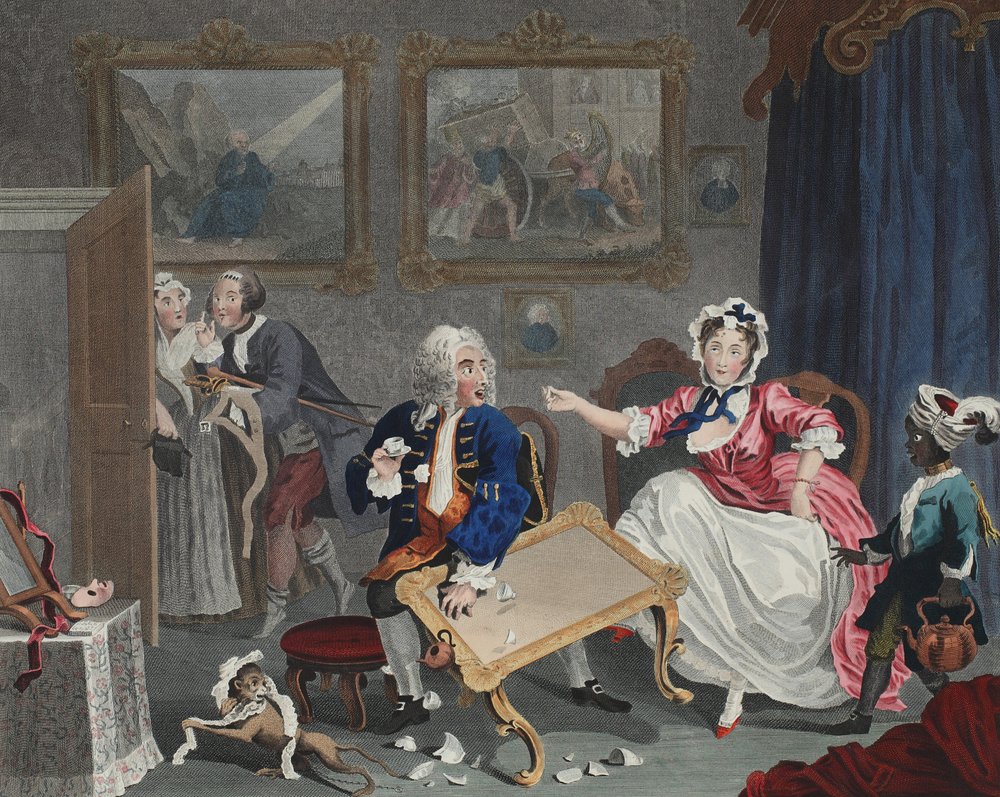 娼婦一代記、図版II。「Hogarth Restored: The Whole Works of the celebrated William Hogarth, re-engraved by Thomas Cook」より、1812年出版 作： ウィリアム・ホガース