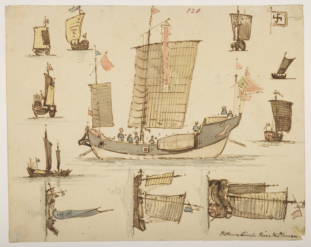 1792 年から 1794 年にかけてマッカートニー卿の中国皇帝への大使館で作成された、風景、海岸線、衣装、日常生活の 372 枚の図面のアルバムからの「リンポ川とチュサンの間」の 120 隻のボート (紙に鉛筆と水彩) 作： ウィリアムアレクサンダー