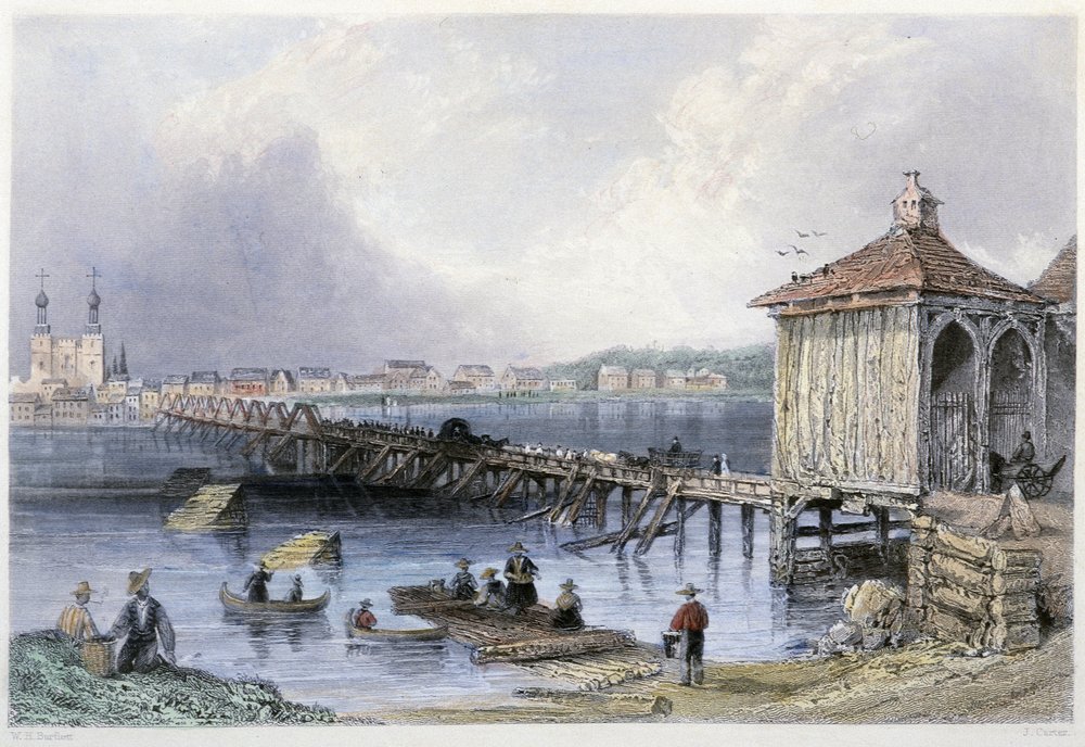 セント・ジョンズのリシュリュー川に架かる橋の風景（ウィリアム・ヘンリー・バーレット編『Canadian Scenary illustrated』所収ジョージ・バーチュー 作： ウィリアム・ヘンリー・バートレット
