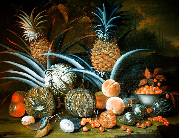 パイナップル、メロン、桃、イチゴ、さくらんぼなどの果物の静物画