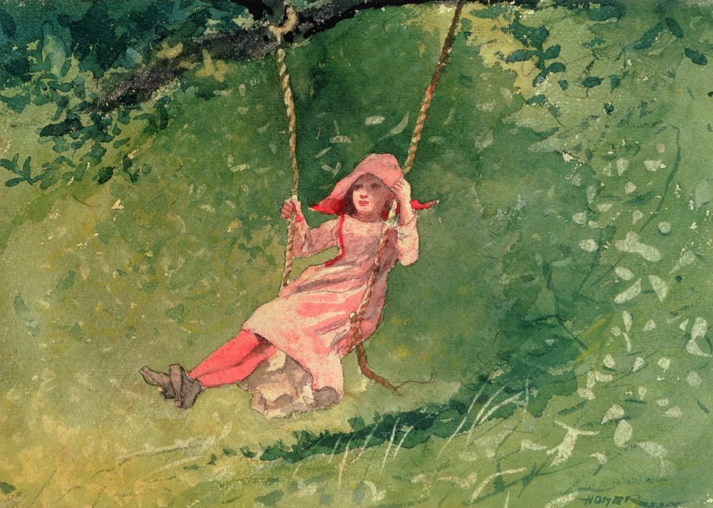 癒しの絵　ブランコ　水彩画パステル画 ブランコに乗っている少女