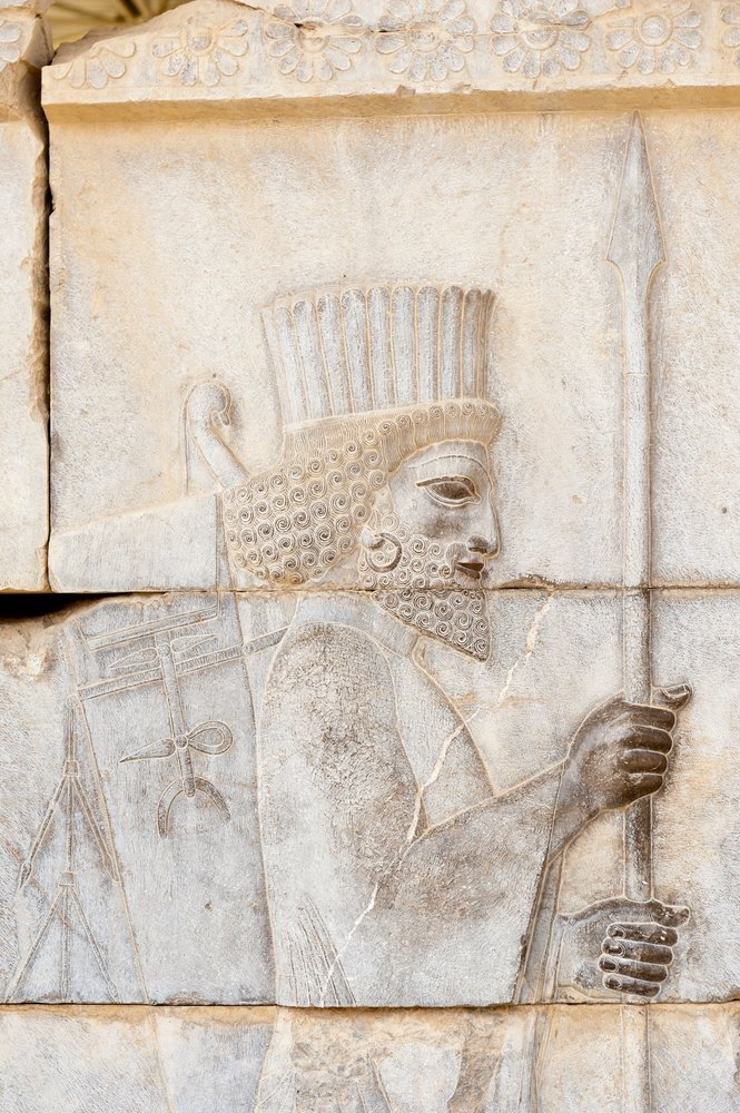 アケメネス朝の古代レリーフ、槍を持ったペルシャ人、アパダナ宮殿の