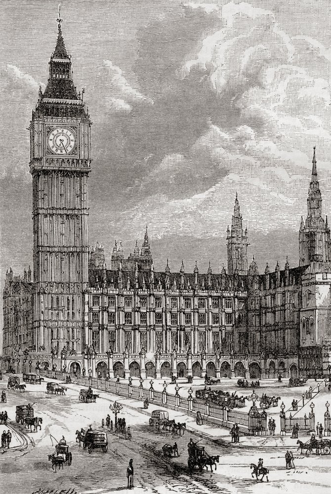 ビッグ ベンと国会議事堂、ロンドン、イギリス、19 世紀にここで見られ