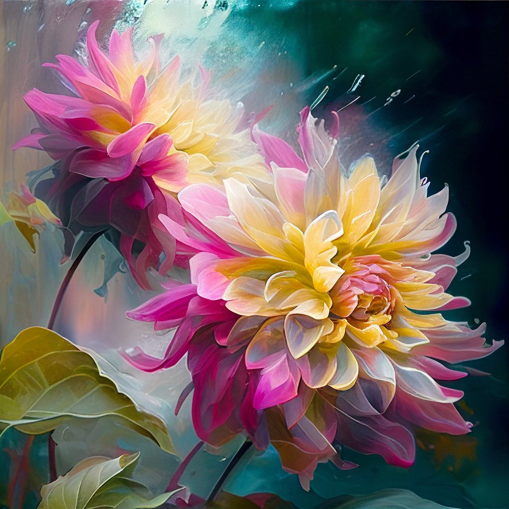 ご依頼品2点　花の絵、風景画「ダリアの咲く朝の庭」「雨上がりのバラ」 ご依頼品2点 花の絵、風景画「ダリアの咲く朝の庭」「